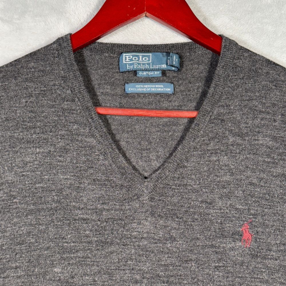Ralph Lauren Sweater Mens XL Gray Lambswool Wool V‎ Neck Pullover Custom Fit